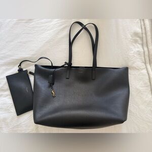 Saint Laurent Black Leather Tote with Gold YSL Accent and Pouch